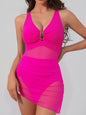 V-neck waist cinched mesh see through slim fit backless one-piece swimsuit