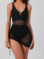 V-neck waist cinched mesh see through slim fit backless one-piece swimsuit